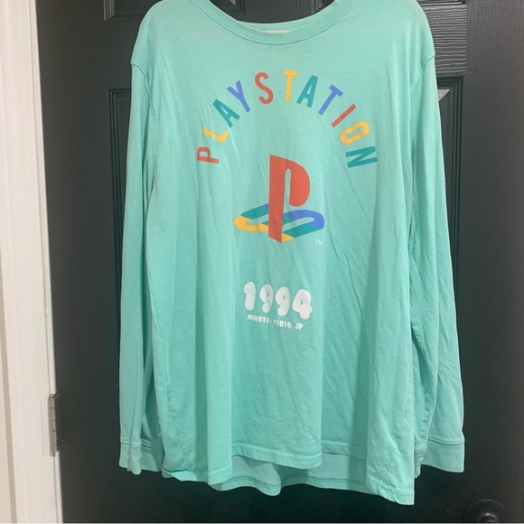 Sony PlayStation | Teal Long Sleeve Cotton Blend Shirt 1994 Kanji Detail | Sz XL - Picture 3 of 7
